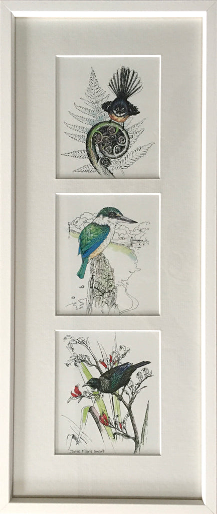 Triple Upright Mount Framed - NZ Native Birds