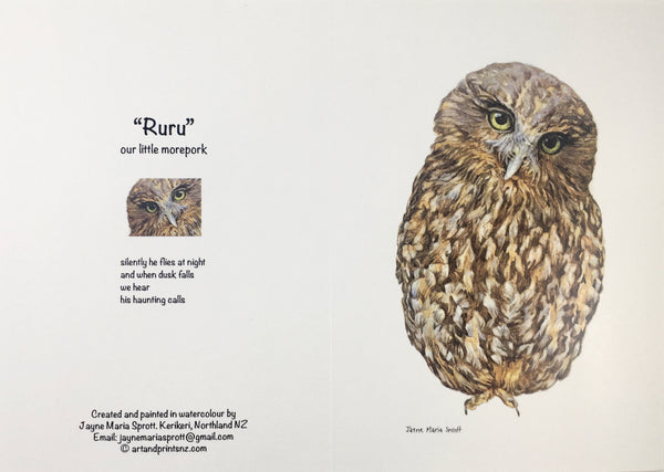 Card, NZ native owl, Morepork (Ruru)